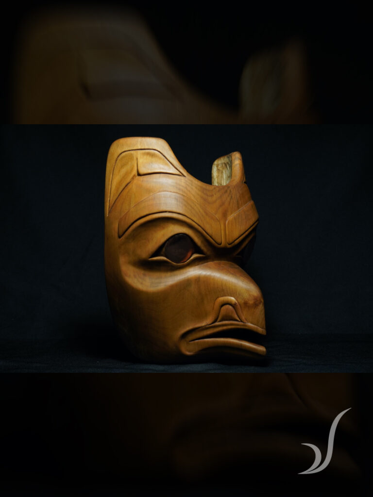 Hand carved Tlingit raven mask titled Ax Léelk'w, Yéil - My grandfather, Raven mask