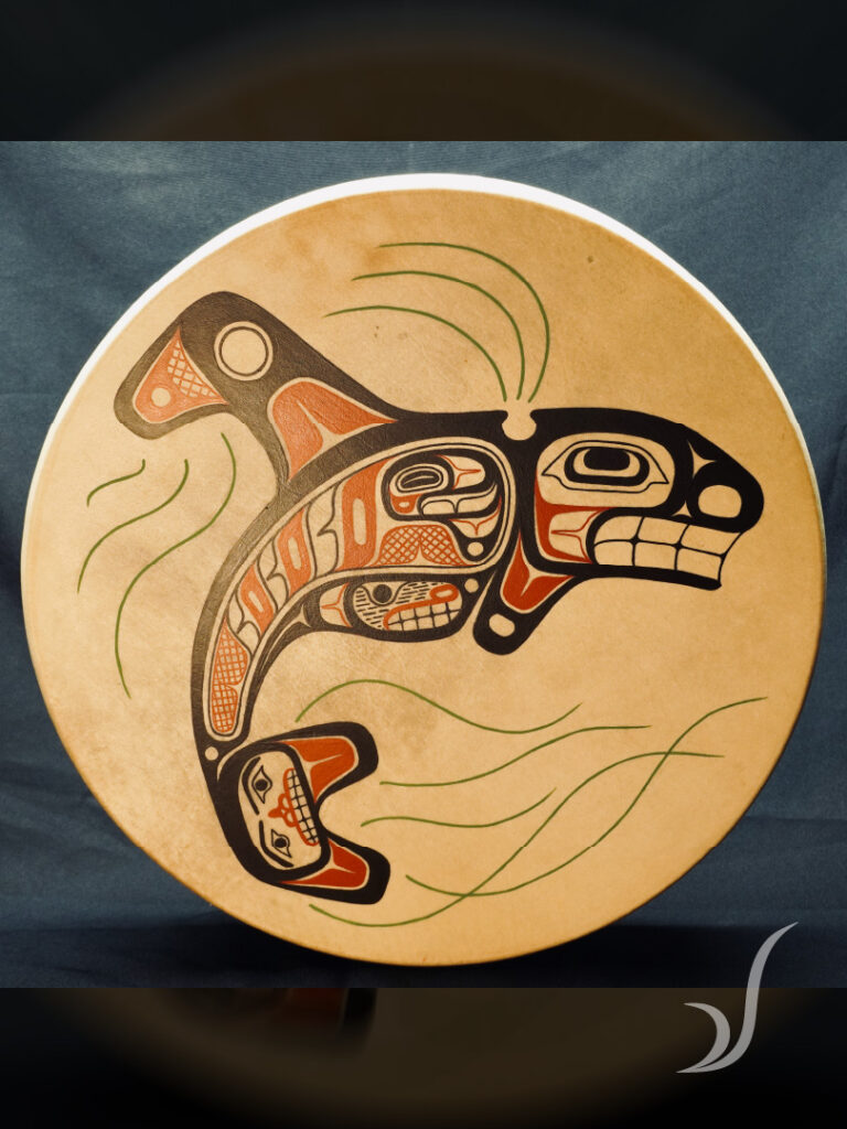 Hand made Tlingit drum decorated with a Keet Killer Whale